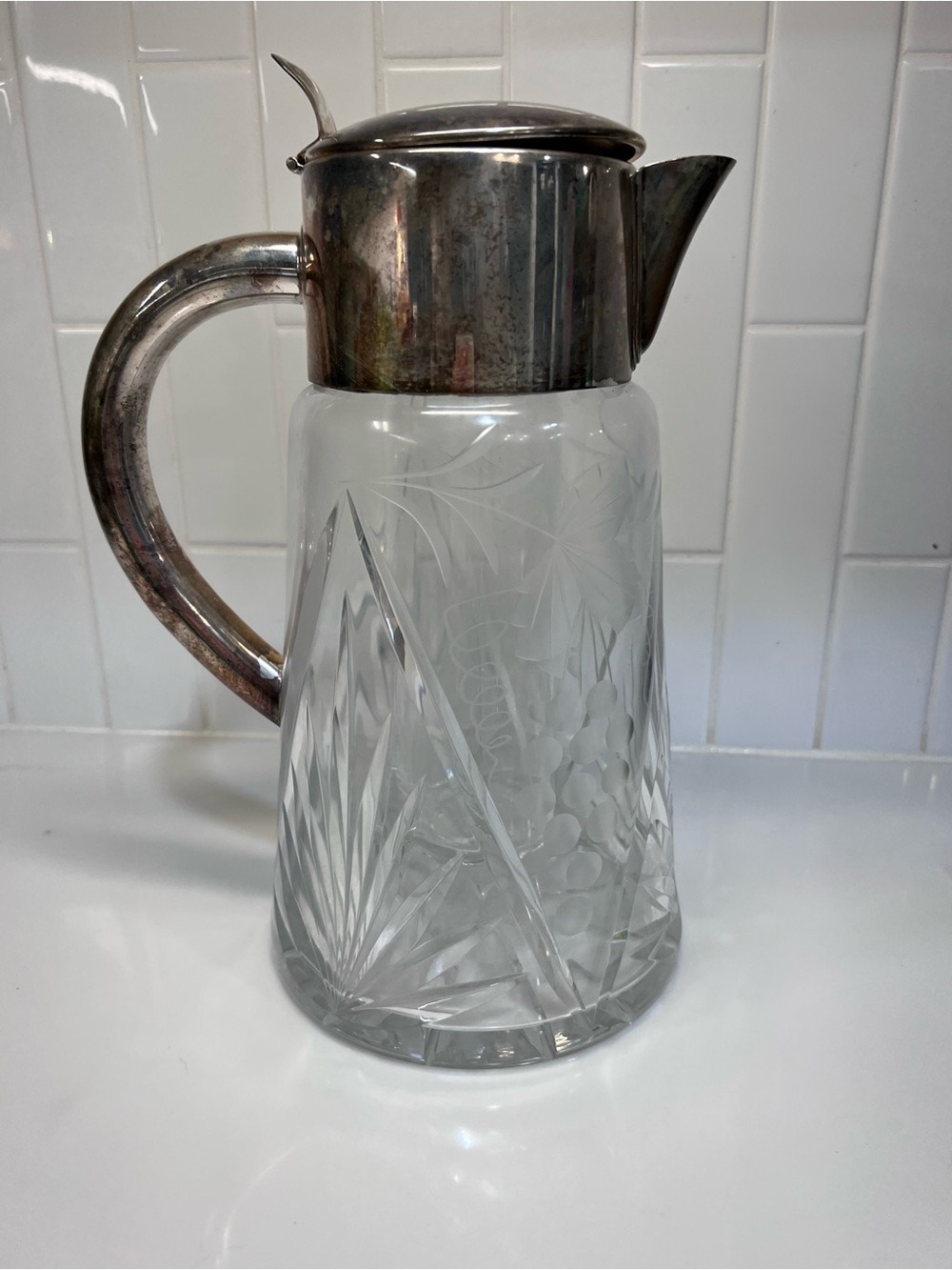 Antique Clear Glass & Silver Top Top Pitcher W Ice Tube Insert 11” Etched Grape